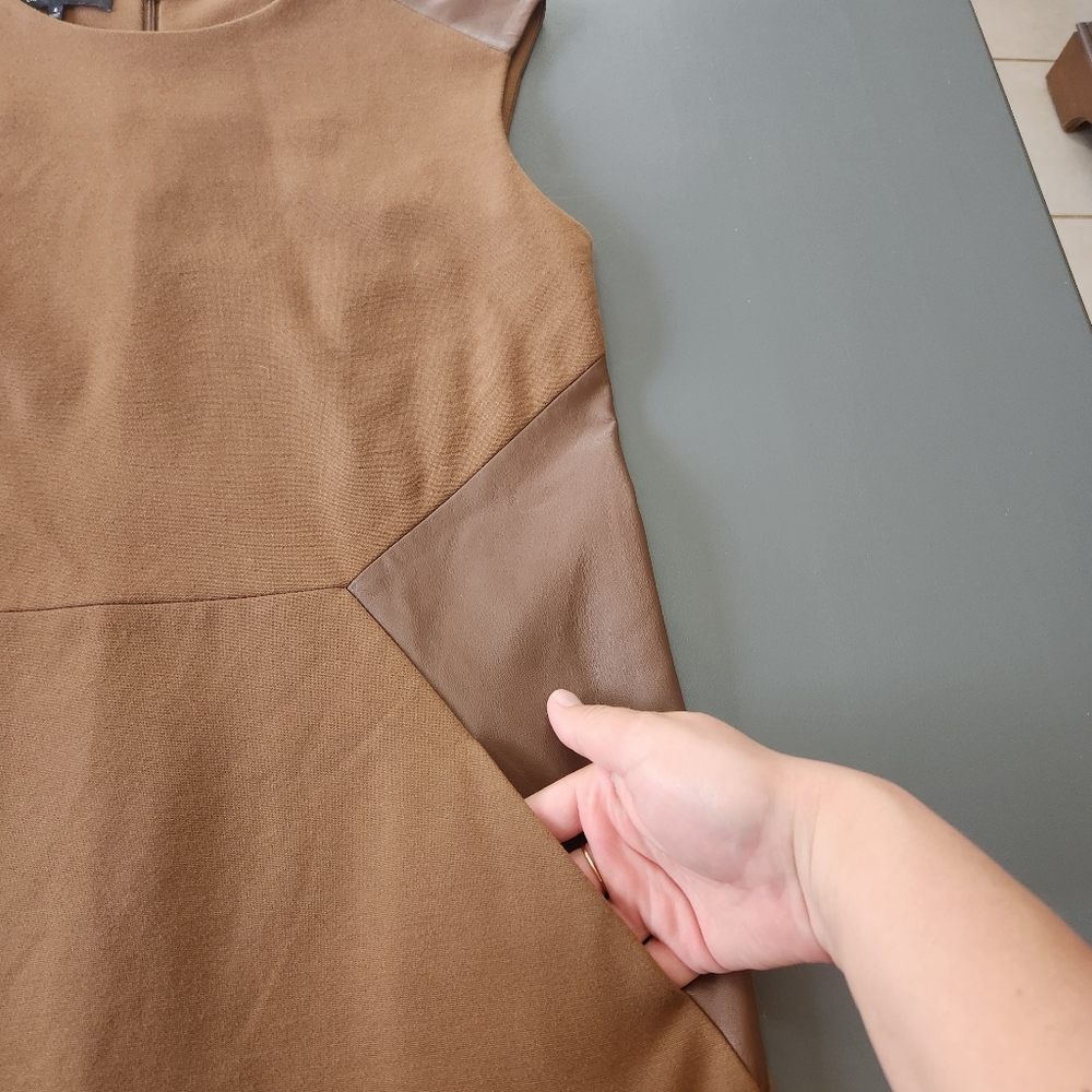 Lafayette 148 New York Sz 6 Dress Brown Genuine Leather Trim Pockets Sleeveless - Picture 4 of 12